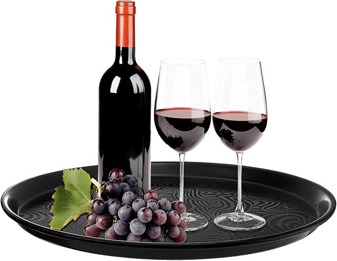 Hacaroa 4 Pack Round Restaurant Serving Tray, 14 Inch Black Plastic Server Tray Non-Slip Food Serving Platter for Drinks, Bar, Cafeteria, Hotel, Coffee Table, Raised Edges