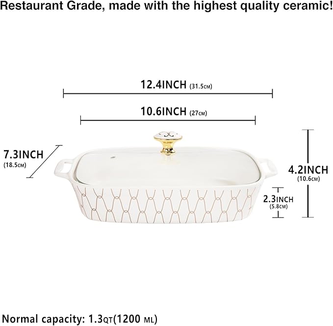 10" x 7" Ceramic Casserole Dish with Glass Lid, 1.3 QT Serving Soup Tureen,Chafing Dish for Buffet, Family Food preserve Tray, Catering Casserole for Party Style