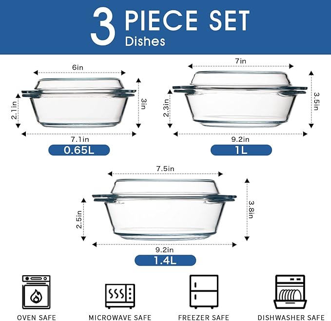 NUTRIUPS Round Glass Casserole Dish Set, Casseroles Cookware with Glass Lid, Casserole Dish With Lid(Set of 3-0.65L+1L+1.4L)