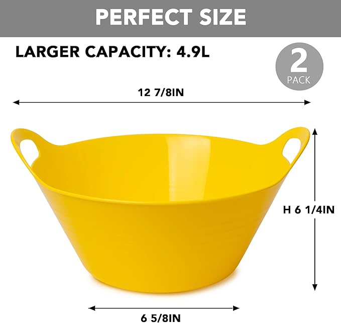 Tiawudi 2 Pack Snack Bowls (4.9L Large), Plastic Serving Bowls for Party, Large Bowls with Handles for Kitchen, Fruit, Cereal, Candy, Salad and Chip, Microwave Safe