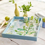 Sea Kelp 15inch Square Lacquered Wooden Serving Tray with Handles, Coffee Table Ottoman Tray for Dining. for Food, Drinks, Cocktail, Great for Parties, Entertaining & Gift