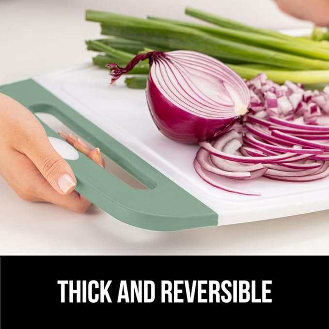 GORILLA GRIP BPA-Free Reversible Kitchen Cutting Board Set of 3, US Designed, Nonporous, Juice Grooves Catch Liquid, Slip Resistant Border, Dishwasher Safe Large Food Chopping Boards, Gray Mint Pink