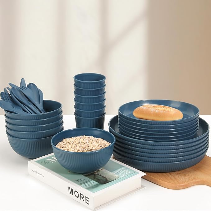 OAMCEG Plates and Bowls Sets Kitchen 42 Pcs, Plastic Wheat Straw Dinnerware Set, Dinner Plate/Dessert Plate/Cereal Bowl/Cup/Flatware Set, Dishwasher Microwave Safe, Outdoor Camping Dishes, Navy