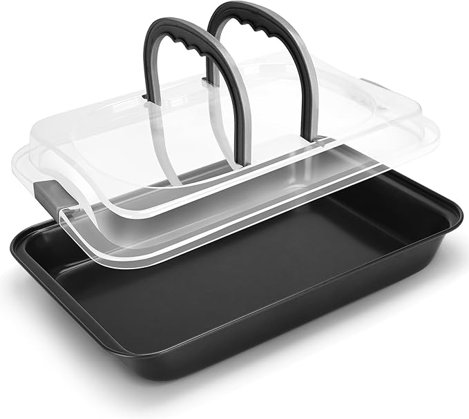 Cake Pan With Lid, 9x13 Inch Rectangular Cake Pan with Wide Handles, Nonstick Bakeware Baking Pan With Lid and Handle, Black