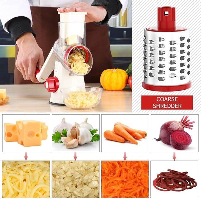Cambom Rotary Cheese Grater Hand Crank Cheese Shredder for Fresh Cheese, Vegetable, Nuts,Non-slip Suction Base, Free Cleaning Brush Three Blades,Red White