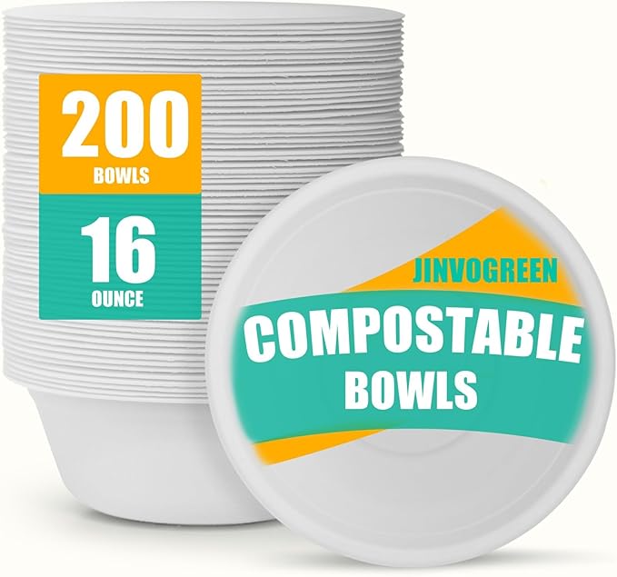 200 Count 16 oz Paper Bowls, Disposable Compostable Bowls, Heavy Duty Biodegradable Sugarcane Bagasse Bowl for Breakfast, Salad, Snacks, Fruits, Desserts, White