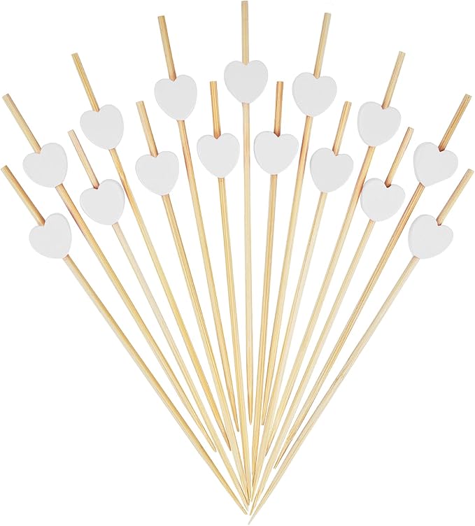 Minisland White Love Heart Cocktail Picks, 4.7 Inch Long Bamboo Fancy Toothpicks for Appetizers, Decorative Valentines Bridal Wedding Party Food Drinks Garnish Fruit Skewer Sticks 100 Counts -MSL135