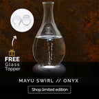 MAYU Swirl Structured Water Pitcher - Handblown Glass Carafe 1.5 Liter Design Jug - Dispenser Stand with Innovative Vortex Technology - Great for Reverse Osmosis Filter Users |51 Oz (Onyx Base)