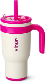 VINUR Insulated Coffee Tumbler with Handle-30 oz Stainless Steel Vacuum Tumbler with Lid and Straw, Leak Proof Water Cup for Travel (Cream)