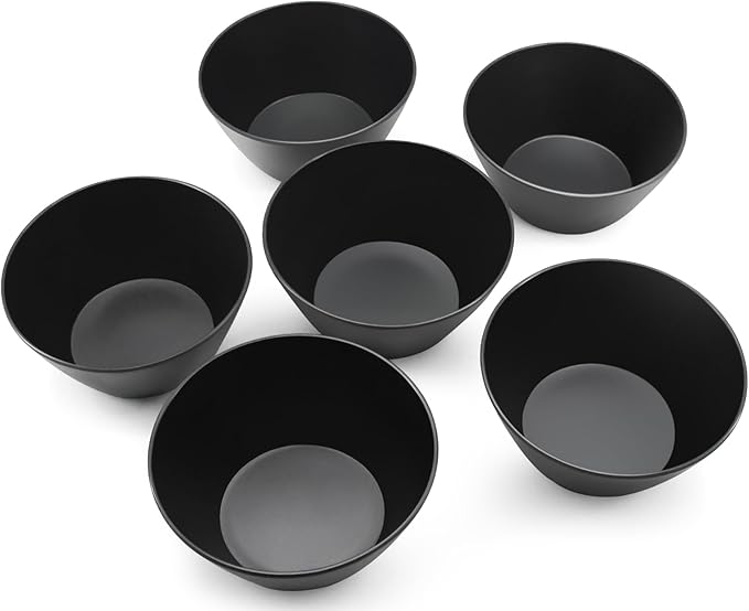 Bamboo Fiber Cereal Bowls Set 6 Pieces, 24 Ounce Soup Bowls Black, Melamine Bowls Set Large for Kitchen, Deep Serving Bowls for Cereal, Soup, Oatmeal, Rice, Pasta, Salad, Black