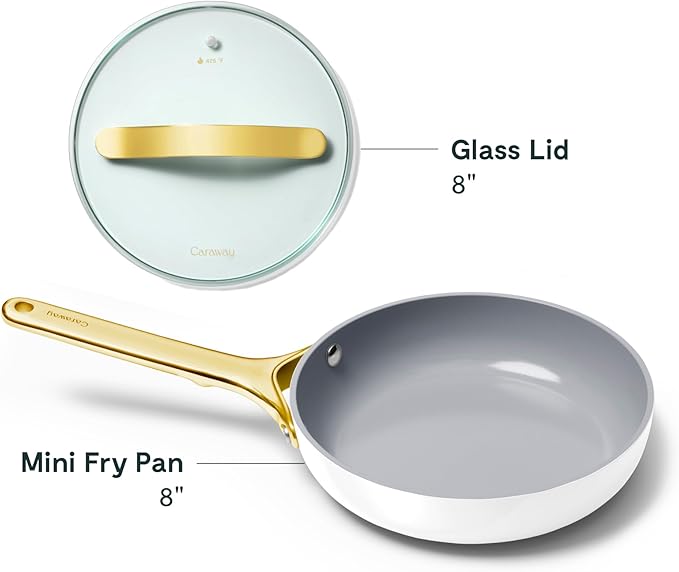 Caraway Nonstick Ceramic Mini Fry Pan With Glass Lid (1.05 qt, 8") - Non Toxic, PTFE & PFOA Free - Oven Safe & Compatible with All Stovetops (Gas, Electric & Induction) - White