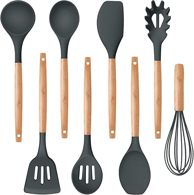P&P CHEF Silicone Cooking Utensils Set, 8-Piece Kitchen Cooking Utensil with Wooden Handle, Silicone Spatula for Nonstick Cookware, Heat-proof & Easy Clean, Gray