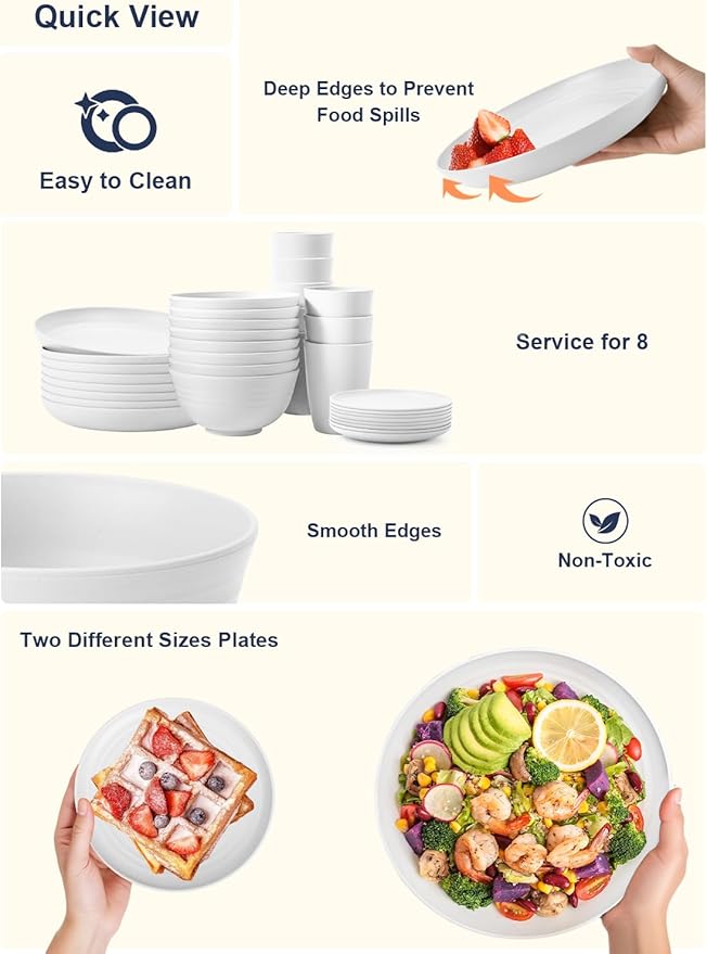 Homienly KItchen Wheat Straw Dinnerware Set, Alternative to Plastic Plates and Bowls Sets, Unbreakable Lightweight Dishes Set for 8 - Plate Set, Soup Bowls, Drinking Glasses for KItchen, Party - White