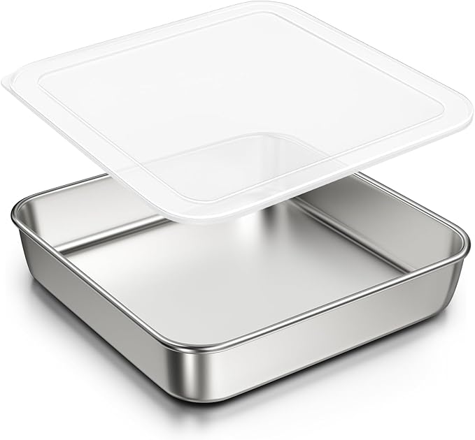 8 x 8-Inch Baking Pan with lid, 304 Stainless Steel Square Cake Pan, Commercial Grade Bakeware for Cakes Brownies Casseroles, Thicker Rectangle Sheet Cake Pans, Non-toxic & Heavy Duty &Dishwasher Safe