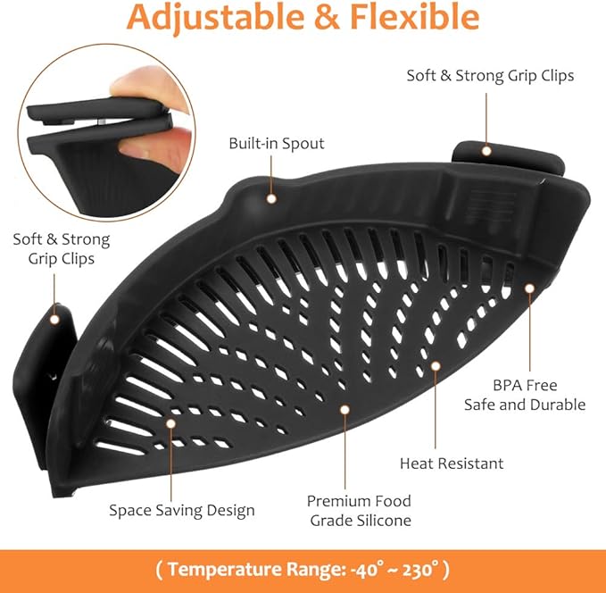 YEVIOR Clip on Strainer for Pots Pan Pasta, Silicone Food Strainer Hands-Free Pan Strainer, Clip-on Kitchen Food Strainer for Spaghetti, Pasta, Ground Beef Fits All Bowls and Pots (Black)