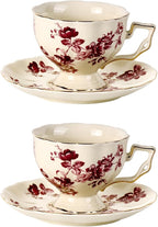 KAMMAK Tea Cups and Saucers Set of 2, Porcelain Coffee Cups, 7-Ounce Stackable Espresso Mugs, Ceramic Demitasse for Coffee, Latte, Americano, Tea, Red Orchid