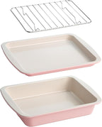 Tasty Nonstick Toaster Oven Baking Set Includes Cake Pan, Oven Tray, Rack, Carbon Steel Bakeware, 3-Piece Set, Pink