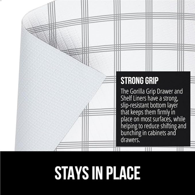 GORILLA GRIP Slip Resistant Drawer and Shelf Liner 2 Pack, Non Adhesive Water Resistant, Easy Trim, Smooth Surface Liners for Kitchen Cabinet, Shelves, Drawers Pantry, 20 IN x 20 FT, Stripe Gray White