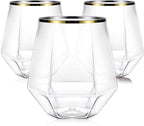 40 Pcak Plastic Stemless Wine cocktail Whiskey Champagne Glasses, 12 Oz Gold Rim Disposable Clear Unbreakable Cups for Party Bars Wedding Tasting (Diamond-shaped)