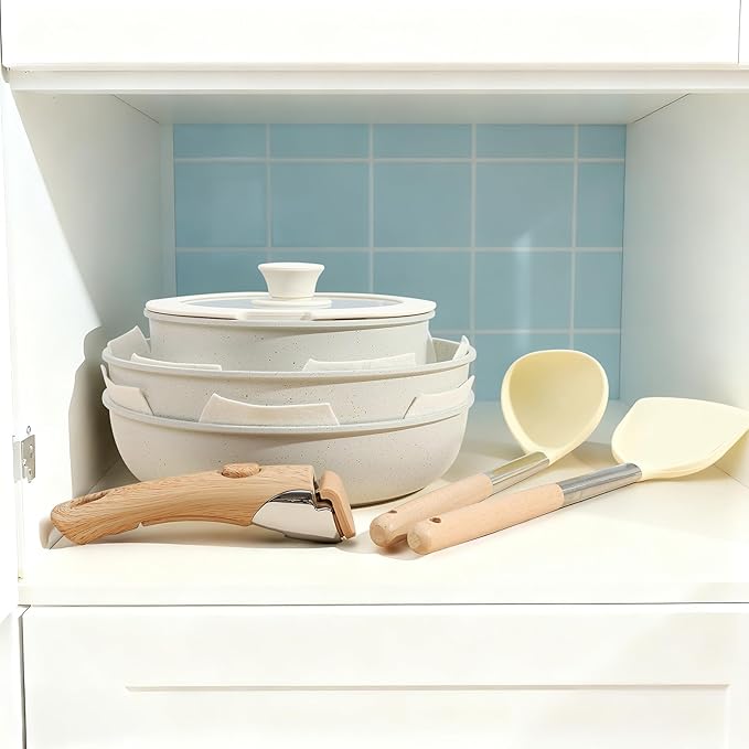 15PCS Ceramic Cookware Sets Detachable Handle Pots and Pans Set Non Stick (White)