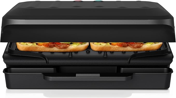 2-Serving Electric Grill and Panini Press, Tough Non-Stick Coating, Drip Tray Catches Grease, Black