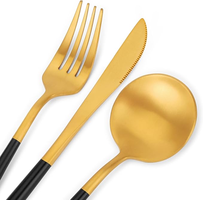 SHARECOOK 30-Piece Matte Gold Silverware Set - Stainless Steel Satin Finish Flatware Service for 6, Kitchen Utensil Set With Black Handle