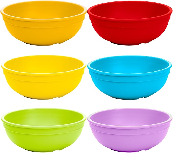 Re-Play Made in USA 20 Oz. Reusable Plastic Bowls, Pack of 6 - Dishwasher and Microwave Safe Bowls for Snacks, Cereals, and Everyday Dining - Durable Toddler Bowl Set 4.75" x 4.75" x 2" - Crayon Box