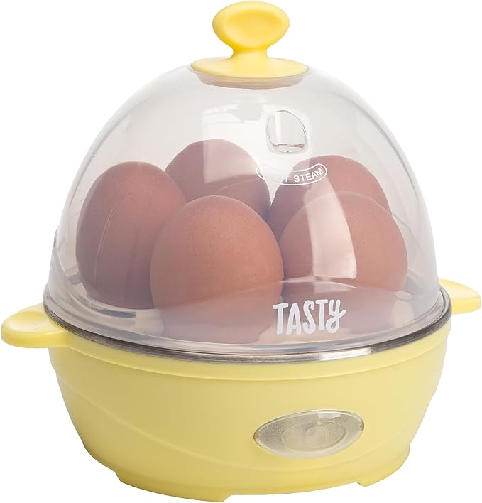 Tasty Mini Rapid Egg Cooker, 5-Egg Capacity for Perfect Hard Boiled Eggs or Omelets, Auto Shut Off, Yellow