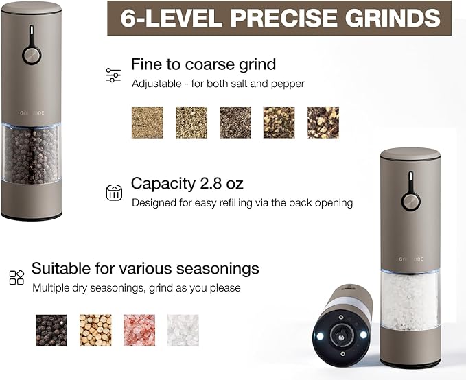Stainless Steel Rechargeable Electric Salt and Pepper Grinder Set, USB Charging with Dust Cover, 6 Adjustable Grinding Modes + LED Light 2packBrown