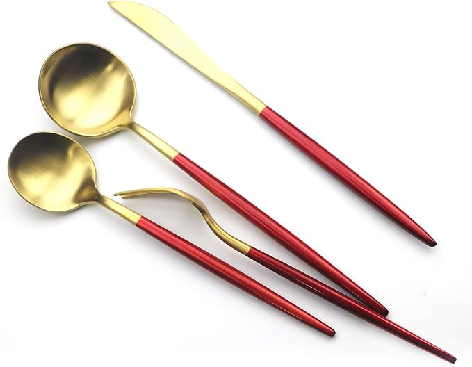 Gugrida Red Gold Flatware, Royal 20 Pieces Matte White Handle 18/10 Stainless Steel Tableware Sets for 4 Including Forks Spoons Knives, Camping Silverware Travel Utensils Set Cutlery (Red Gold)