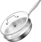 GOLDEN KEY Tri-Ply Stainless Steel Frying Pan with Lid,12 inch Skillets and Frying Pans,Stainless Steel Cookware Oven Safe 600F, Fast & Even Heat,Compatible with All Cooktops,Dishwasher Safe