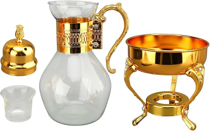 Fockety Vintage Turkish Coffee Pot Set, Decorative Glass Teapot, Heatable Glass Tea Kettle with Lid and Cup, Multi-Purpose Beverage Kettle, Unique Design, Gold