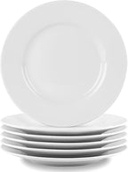 bestone 8 Inch Porcelain White Salad Plates Set, Porcelain Dessert/Salad Plate，Classic Round with Wide Rim, Lead-Free,Dishwasher, Microwave, Freezer, Oven Safe, for Everyday Use-Set of 6