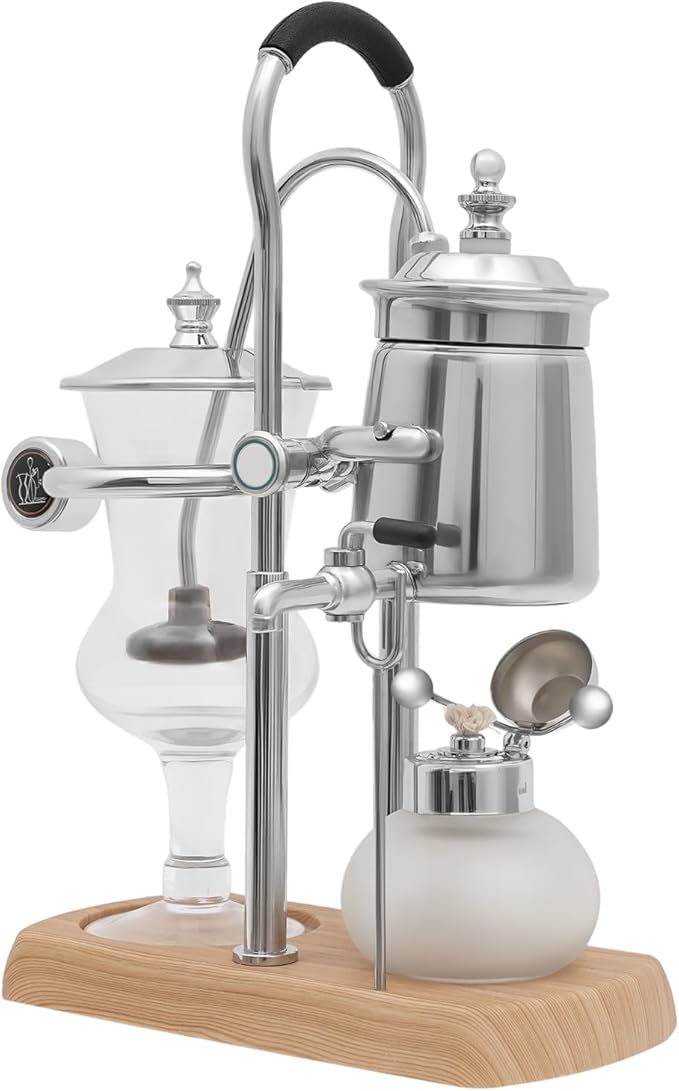 Belgian Balance Siphon Coffee Maker, Vintage Syphon Coffee Machines Vacuum Brewing System, Gold Royal Family Coffee Makers with handle for Home, Café shop (400ml/13.53oz) (Silver)