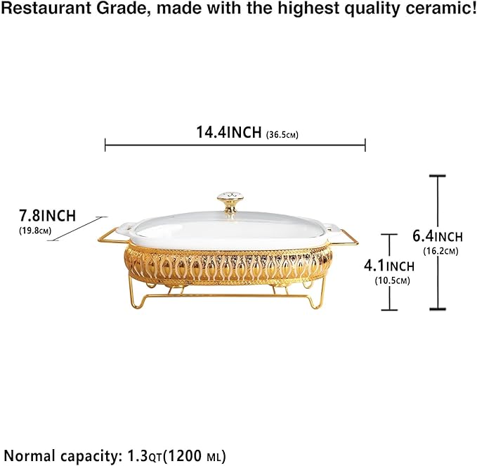 10" x 7" Ceramic Rectangular Casserole Dish with Glass Lid and Gold rack, 1.3 Quart White Serving Soup Tureen,Chafing Dish for Buffet, Family Food Tray, Catering Casserole for Party Style