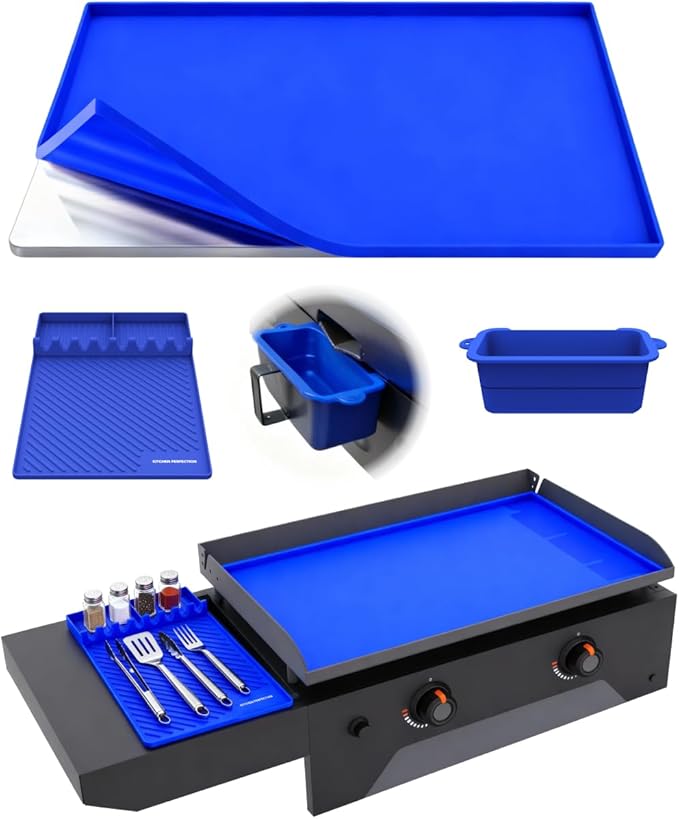 KITCHEN PERFECTION Ultimate Kit for Blackstone Griddle 28 Inch - Silicone Griddle Cover Mat + Griddle Accessories Mat + 2 PCS Silicone Grease Cup Liners Hermetic Protection from Rust & Debris All Year