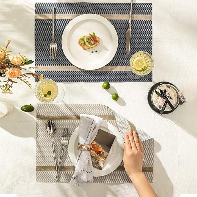 PIGCHCY Luxurious Placemats Set of 8, 18 x 12 inches Elegant Placemats Non-Slip Washable Durable Table Mats for Home/Dining Room Decoration (Beige White)