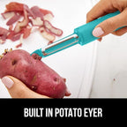 GORILLA GRIP Patented BPA-Free Sharp Stainless Steel Swivel Vegetable Peeler, Comfortable Handle Potato Peelers, Smooth Peeling, Peel Carrots Apple, Includes Blade Cover, Kitchen Tool, Turquoise