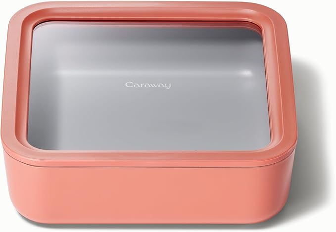 Caraway Glass Food Storage, 10 Cup Glass Container - Ceramic Coated Food Container - Non Stick Lunch Box Container with Glass Lids. Dishwasher, Oven, & Microwave Safe - Square Shape - Perracotta