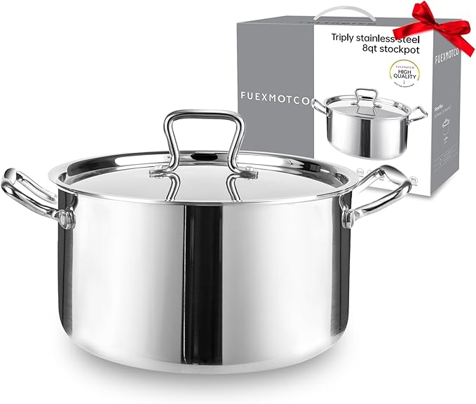 Whole-Clad Tri-Ply Stainless Steel Stockpot with Lid, 8 Quart Large Cooking Pot All Stove Compatible Up to 600℉, 18/8 Stainless Steel Kitchen Induction Ready Cookware