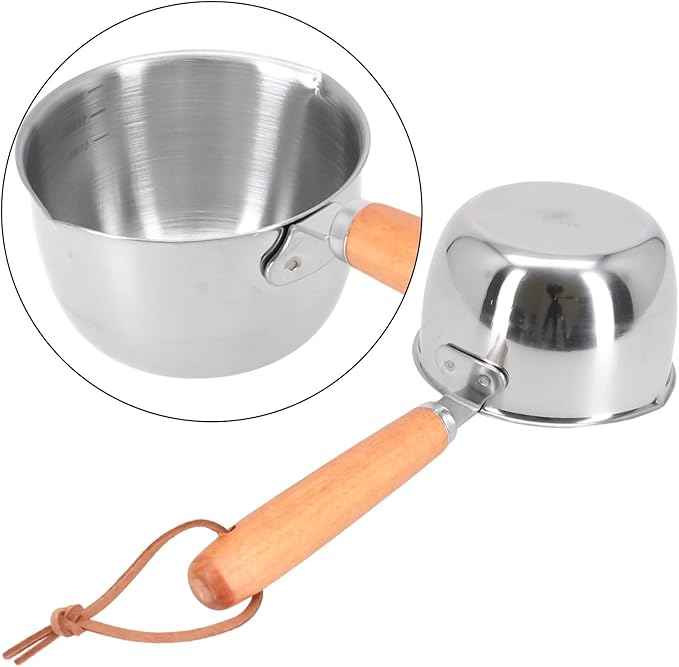 Mini Butter Melting Pot, Stainless Steel Hot Oil Pan Milk Butter Warmer with Wooden Handle Dual Pour Spout Small Sauce Pan Sauce Serving Pots(150ml)
