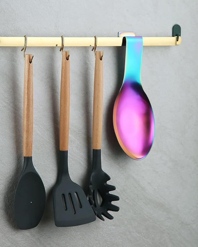 Matte Rainbow Spoon Rest, Stainless Steel Holder for Stove Top, Kitchen Utensils for Ladles, Tongs, Spatula, Pot Lid, Dishwasher Safe (1PC-9.5 Inch)