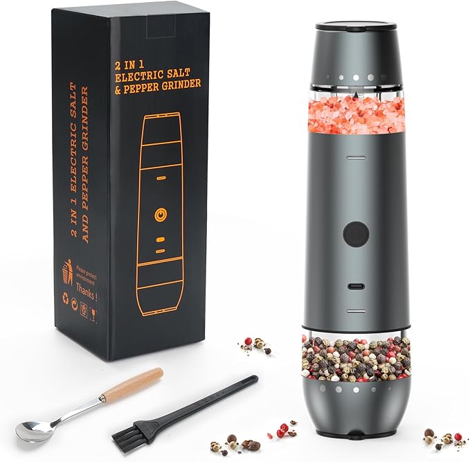 Electric Salt and Pepper Grinder Set 2 In 1 Duel Heads Grinding, Type-C Rechargeable, One-Hand Operation & Gravity, Automatic Salt and Pepper Grinder Set, Adjustable Coarseness (Gunmetal Grey)
