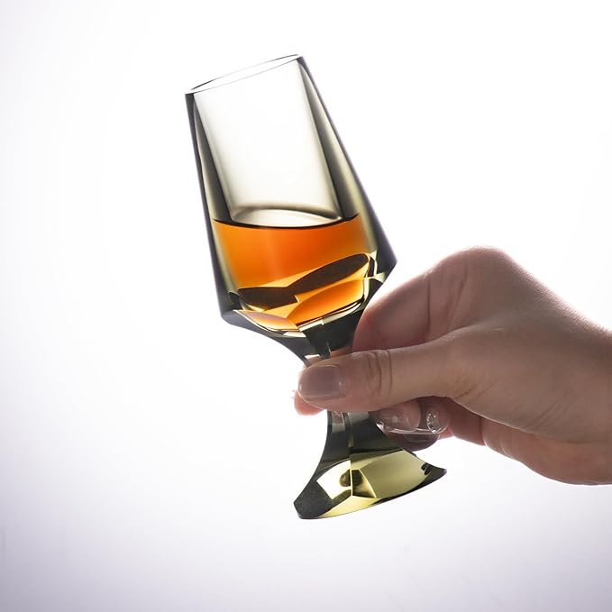 KAMMAK Crystal Snifter Glass Set of 2 - Hand Blown Stemmed Whiskey Glass for Bourbon-2.37oz, Brandy & Cognac with Delicate Rim, Colored Elegant Etched Detailing, Luxury Barware for Tasting & Gift