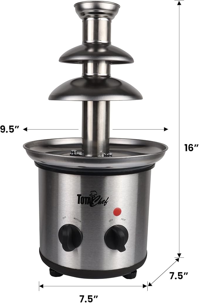 Total Chef 3 Tier Chocolate Fountain - Electric Fondue Machine, 1.5 lbs Capacity, Melts Hot Dark Dipping Chocolate for Party, Wedding & Events, Stainless Steel