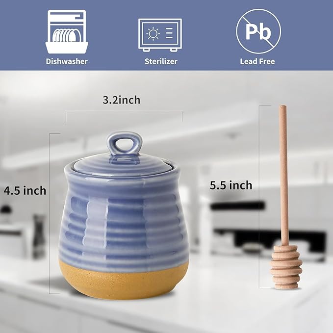 Hasense Honey Jar with Dipper, Ceramic Honey Dispenser Pot with Lid and Wooden Dipper, Vintage 12 oz Containers for Home Kitchen Coffee Bar Decor, Dishwasher Safe, Sky Blue