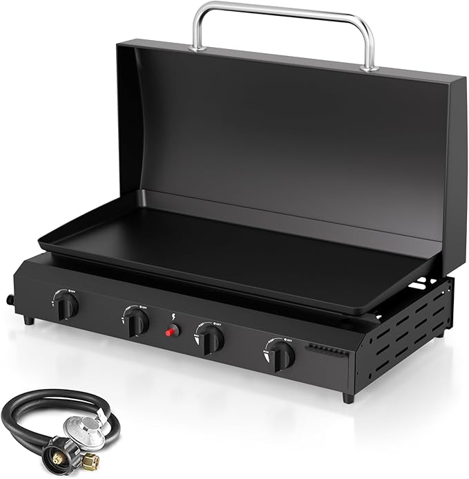 4 Burner BBQ Gas Griddle with Hood, 30 Inch Stainless Steel Portable Detachable Propane Griddle, 60,000 BTU Flat Top Grill with Lid for Camping, Silver