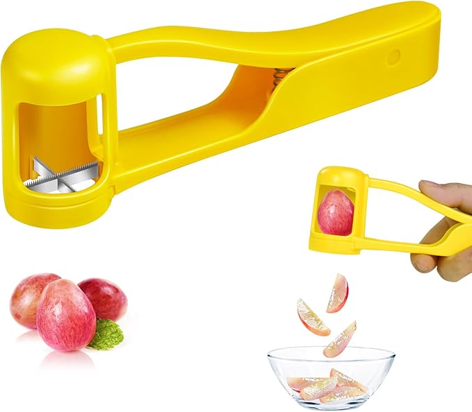 Grape Cutter,Stainless Steel Blades Quarter Grape Slicer with 4 Pieces Vegetable Fruit Salad,Slicer Kitchen Tomato Cherry Strawberry Cutter- Yellow