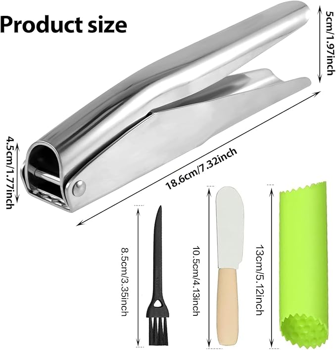 Garlic Press Stainless Steel, Easy Cleaning Kitchen Garlic Mincer & Crusher with Garlic Peeler Tube and Scraper, Heavy Duty Metal Ginger Press, Easy Squeeze, Dishwasher Safe