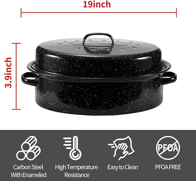 Granite Roaster Pan, 19” Enameled Roasting Pan with Domed Lid. Oval Turkey Roaster Pot, Broiler Pan Great for Turkey, Chicken, Lamb, Vegetable. Dishwasher Safe Cookware Fit for 20Lb Turkey by Kendane